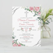 水彩ピンクのバラのファーストコミュニオン招待状 招待状 (スタンド正面)