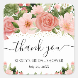水彩ピンクのバラのブライダルシャワー スクエアシール