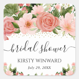 水彩ピンクのバラのブライダルシャワー スクエアシール