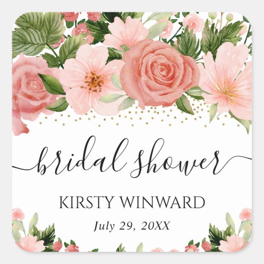 水彩ピンクのバラのブライダルシャワー スクエアシール (正面)