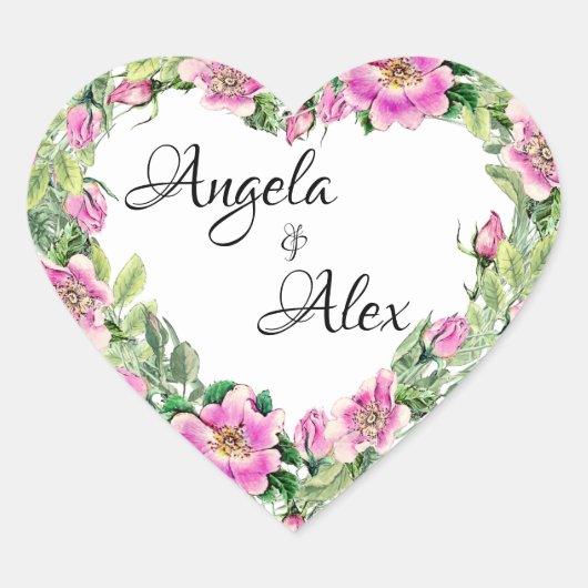 水彩ピンクのバラの境界線の新婦と新郎 ハートシール (正面)