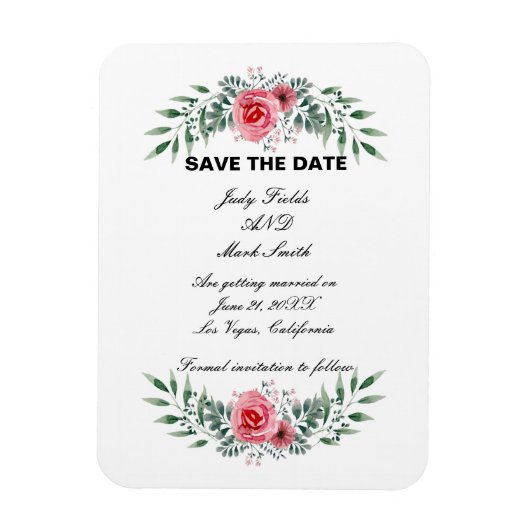 水彩ピンクのバラの緑の救葉The Date マグネット (縦)