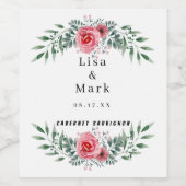 水彩ピンクのバラの緑の結婚葉 ワインラベル (シングルラベル)