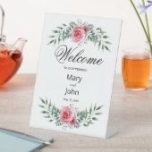 水彩ピンクのバラの緑の結婚葉 台座サイン (インサイチュ)