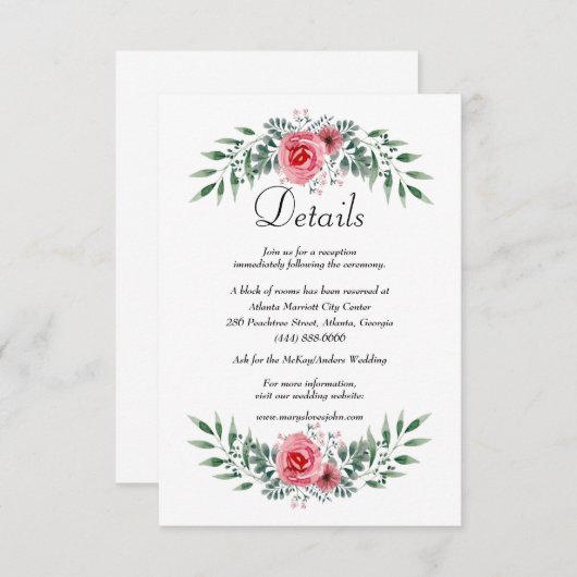 水彩ピンクのバラの緑の葉詳細 エンクロージャーカード (正面/裏面)