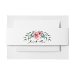 水彩ピンクのバラの緑の葉 招待状ベリーバンド