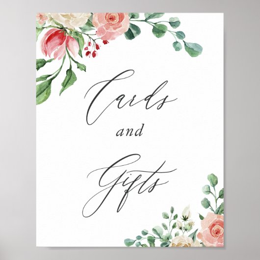 水彩ピンクのバラの花のカードとギフトのサイン ポスター (正面)