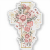 水彩ピンクのバラの花のゴールドクロス付き シール (正面)