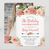 水彩ピンクのバラの花の写真 21歳の誕生日 招待状 (正面/裏面)