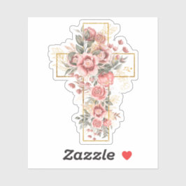 水彩ピンクのバラの花モチーフにゴールドのクロス シール