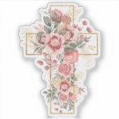 水彩ピンクのバラの花モチーフにゴールドのクロス シール (正面)