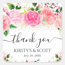 水彩ピンクのバラの花結婚の スクエアシール