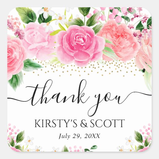 水彩ピンクのバラの花結婚の スクエアシール (正面)