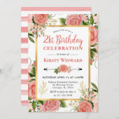 水彩ピンクのバラの花21歳の誕生日 招待状 (正面/裏面)