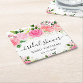 水彩ピンクのバラの花 ブライダルシャワー スクエアペーパーコースター (アングル)