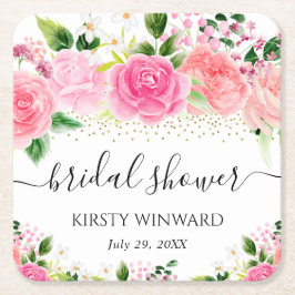 水彩ピンクのバラの花 ブライダルシャワー スクエアペーパーコースター