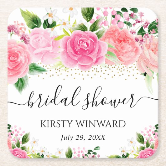 水彩ピンクのバラの花 ブライダルシャワー スクエアペーパーコースター (正面)