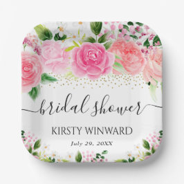 水彩ピンクのバラの花 ブライダルシャワー ペーパープレート