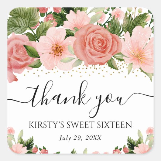 水彩ピンクのバラの花Sweet sixteen スクエアシール (正面)