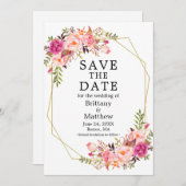 水彩ピンクのバラの金ゴールドジオフレーム日付を保存 セーブザデート (正面/裏面)