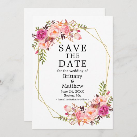 水彩ピンクのバラの金ゴールドジオフレーム日付を保存 セーブザデート (正面/裏面)