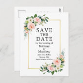 水彩ピンクのバラの金ゴールドフレーム日付を保存 ポストカード (正面/裏面)