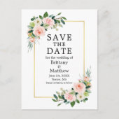 水彩ピンクのバラの金ゴールドフレーム日付を保存 ポストカード (正面)