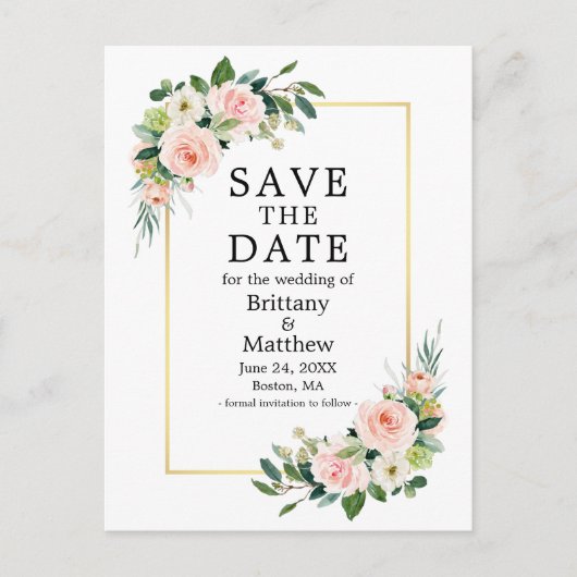 水彩ピンクのバラの金ゴールドフレーム日付を保存 ポストカード (正面)