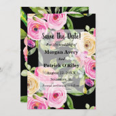 水彩ピンクのバラをブラックに保存日付 招待状 (正面/裏面)