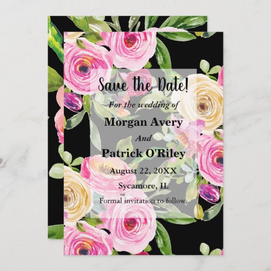水彩ピンクのバラをブラックに保存日付 招待状 (正面/裏面)
