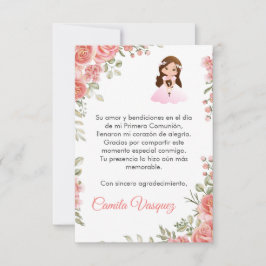 水彩ピンクのバラ可愛いファーストコミューン サンキューカード