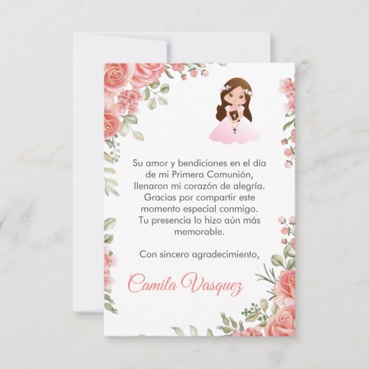 水彩ピンクのバラ可愛いファーストコミューン サンキューカード (正面)