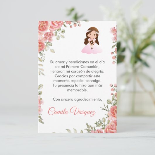 水彩ピンクのバラ可愛いファーストコミューン サンキューカード (スタンド正面)