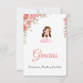 水彩ピンクのバラ可愛いファーストコミューン サンキューカード (裏面)