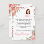 水彩ピンクのバラ可愛いファーストコミューン サンキューカード (正面/裏面)