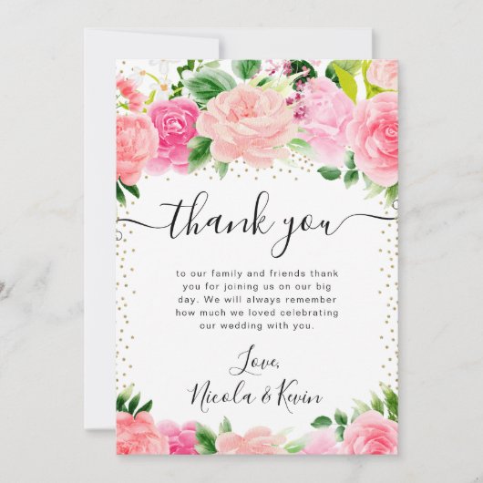 水彩ピンクのバラ夏の花結婚の サンキューカード (正面)