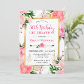 水彩ピンクのバラ夏の花50誕生日 招待状 (スタンド正面)