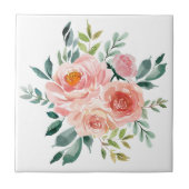 水彩ピンクのバラ牡丹フラワーブーケ タイル (正面)