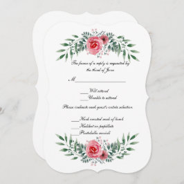 水彩ピンクのバラ緑の葉RSVPカード 招待状