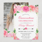 水彩ピンクのバラ花フォトキンセアニェラ 招待状 (正面/裏面)