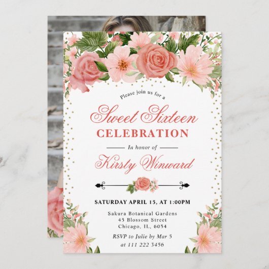 水彩ピンクのバラ花フォトスイート16 招待状 (正面/裏面)