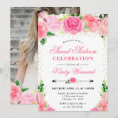 水彩ピンクのバラ花フォトスイート16 招待状 (正面/裏面)