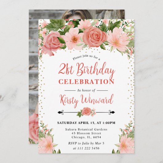 水彩ピンクのバラ花写真21歳の誕生日 招待状 (正面/裏面)