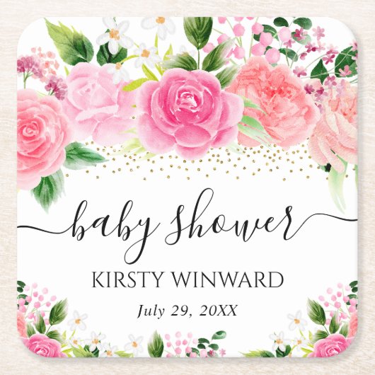 水彩ピンクのバラ花赤ちゃんシャワー スクエアペーパーコースター (正面)