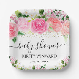 水彩ピンクのバラ花赤ちゃんシャワー ペーパープレート