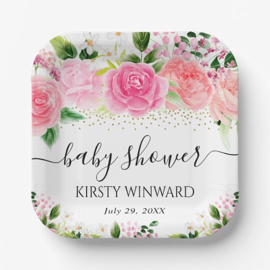 水彩ピンクのバラ花赤ちゃんシャワー ペーパープレート (正面)