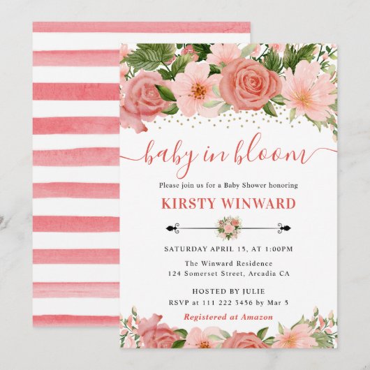 水彩ピンクのバラ花赤ちゃんシャワー 招待状 (正面/裏面)