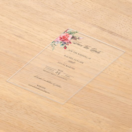 水彩ピンクのバラ&書道の日付を保存 アクリル招待状 (レイダウン)