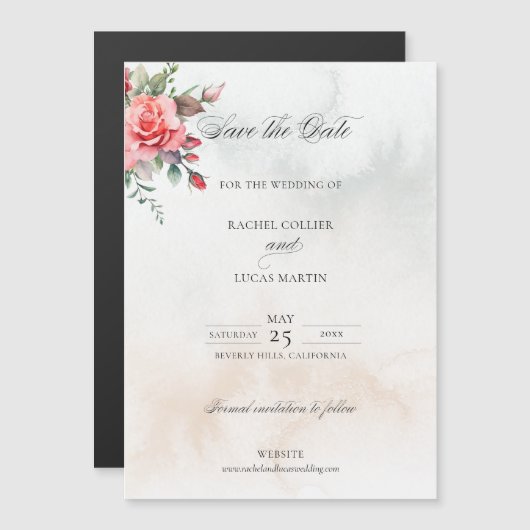 水彩ピンクのバラ&書道の日付を保存 マグネット招待状 (正面/裏面)