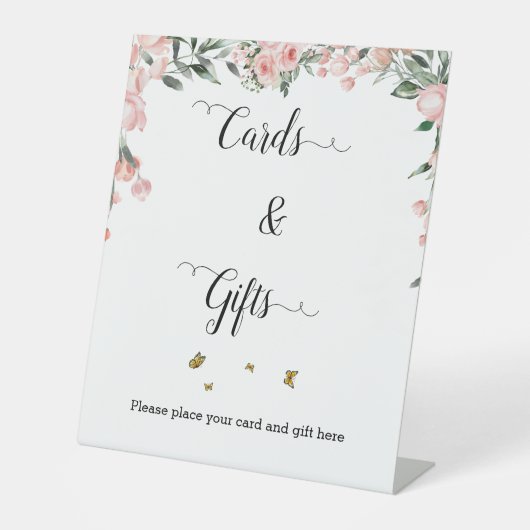 水彩ピンクのバラ&蝶カード&ギフト 台座サイン (正面)